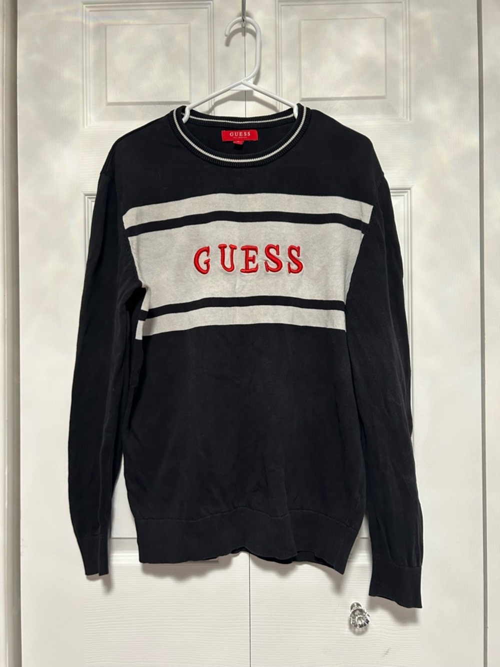 GUESS Black Crewneck Sweater with White Stripes and Red Logo